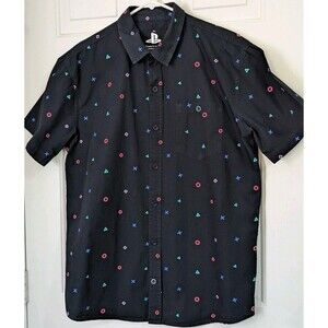 Sony Playstation Controller Icon Print Shirt Mens Large Black Woven Button Up